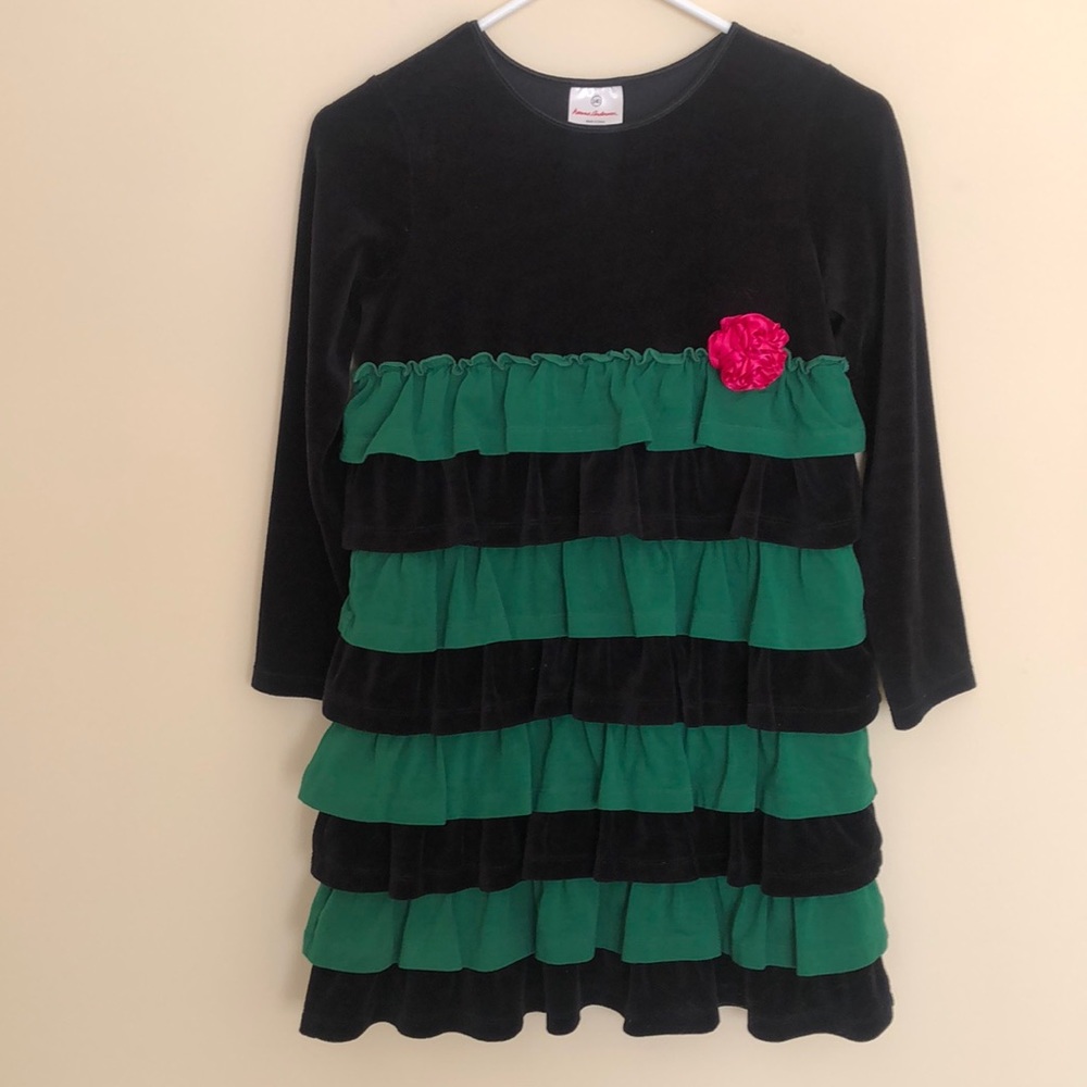 Hanna Andersson Black & Green Velvet Tiered Ruffle Dress with pink Rose size 10